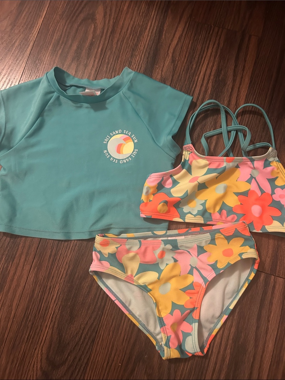 Cat & Jack Floral Bikini Set with Teal Rash Guard